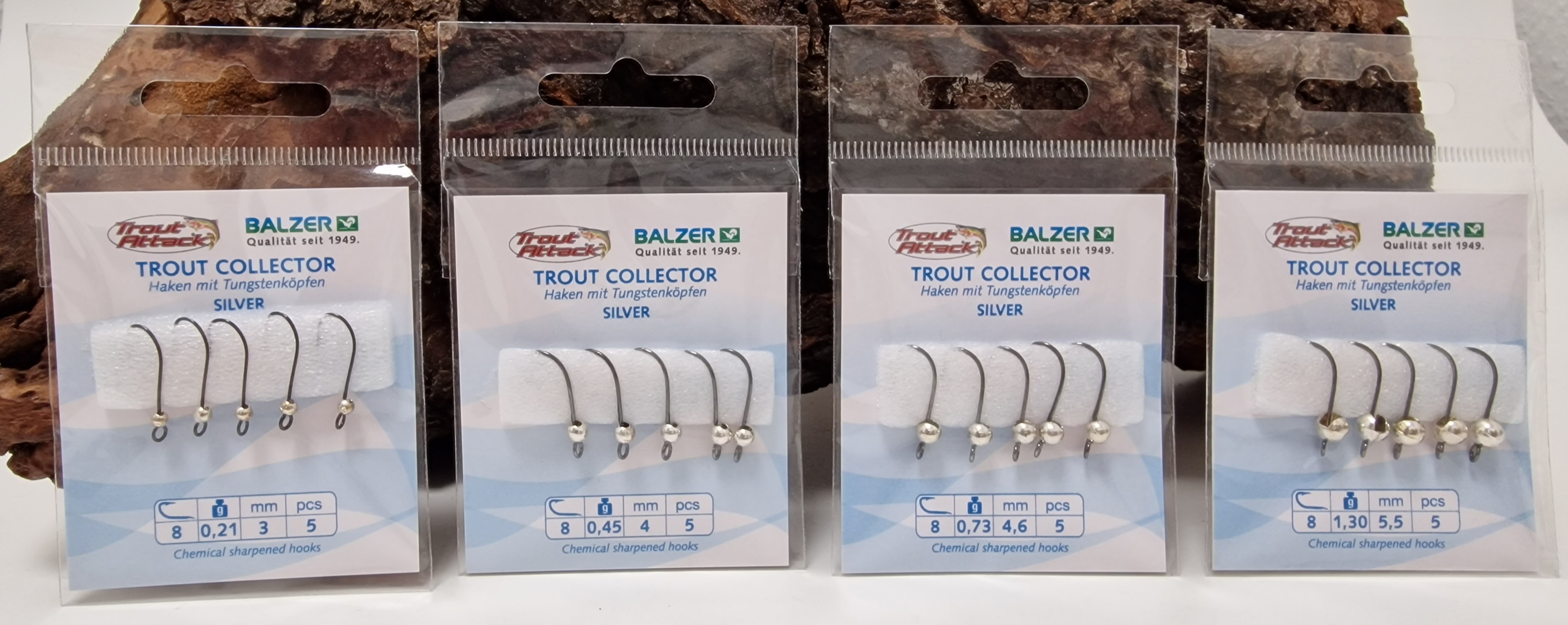Balzer Trout Collector Haken mit Tungsten Köpfen silberne Perle 4 Gewichte Gr. 8 ABVERKAUF